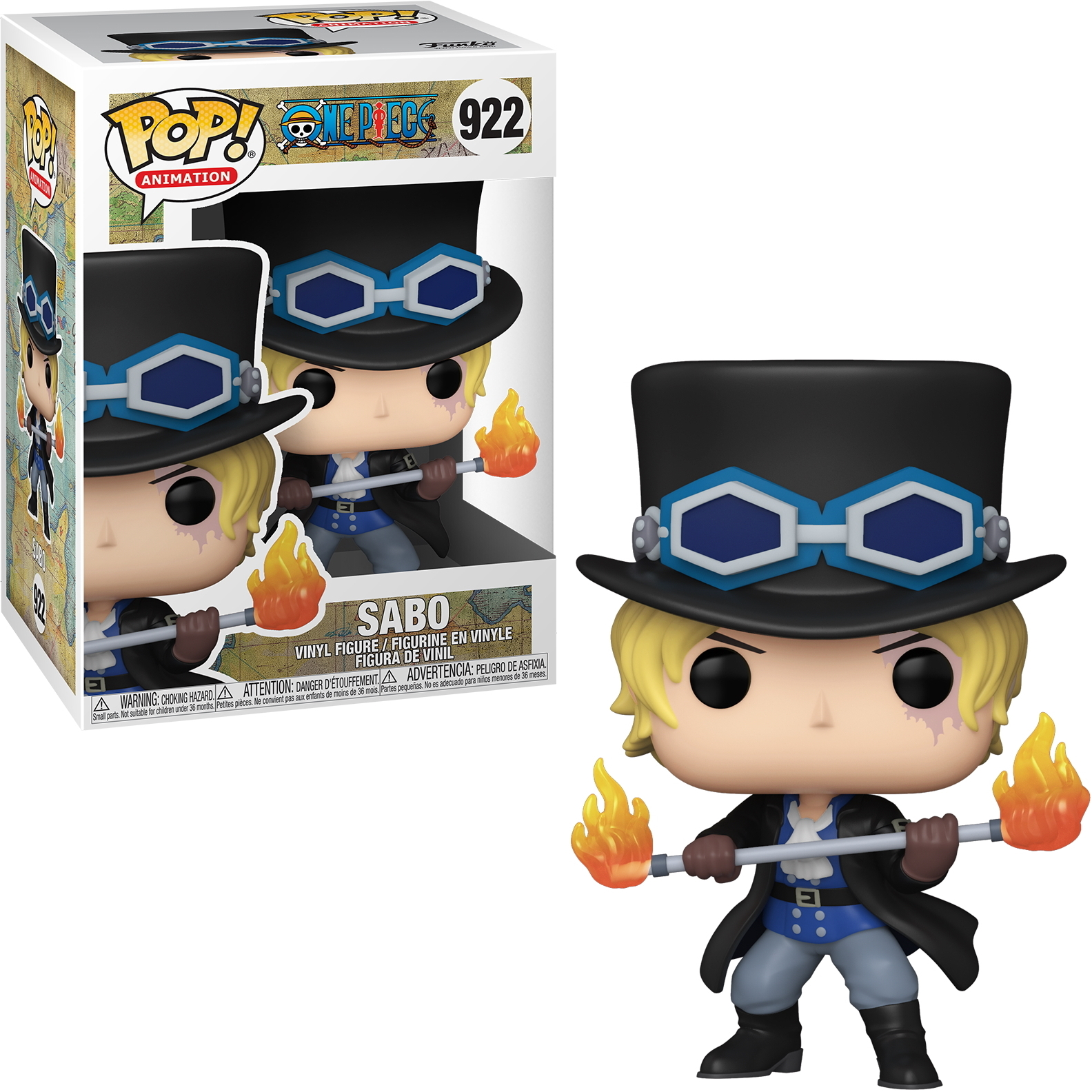 Figura Funko Pop! di Sabo da One Piece, in scatola e da solo. Capelli biondi, effetti fuoco.