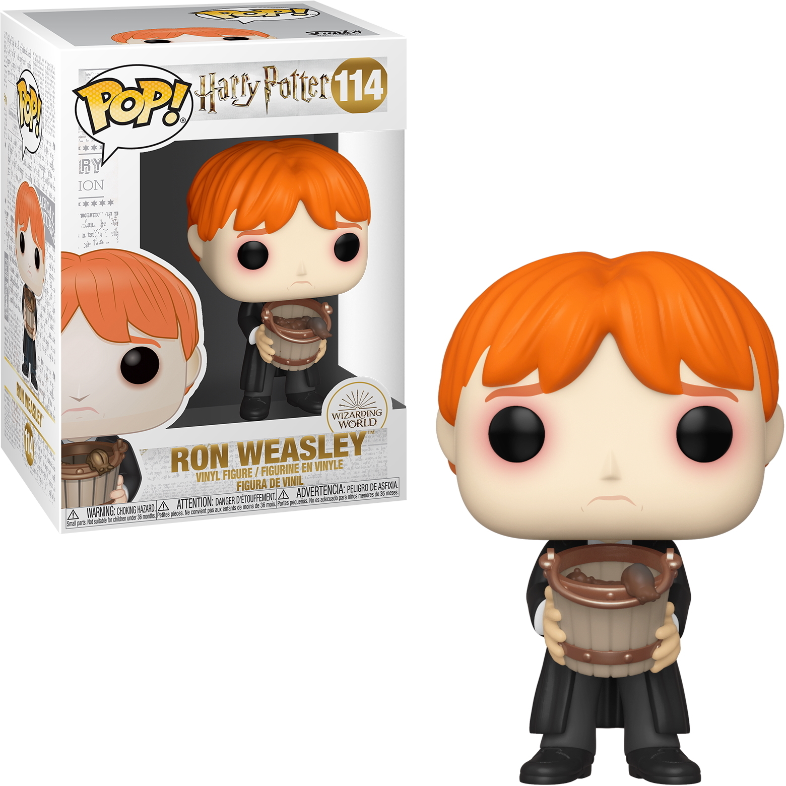 Figurka Funko Pop Rona Weasleya, w pudełku. Rude włosy, trzyma brązowy kubek, w czarnej szacie.