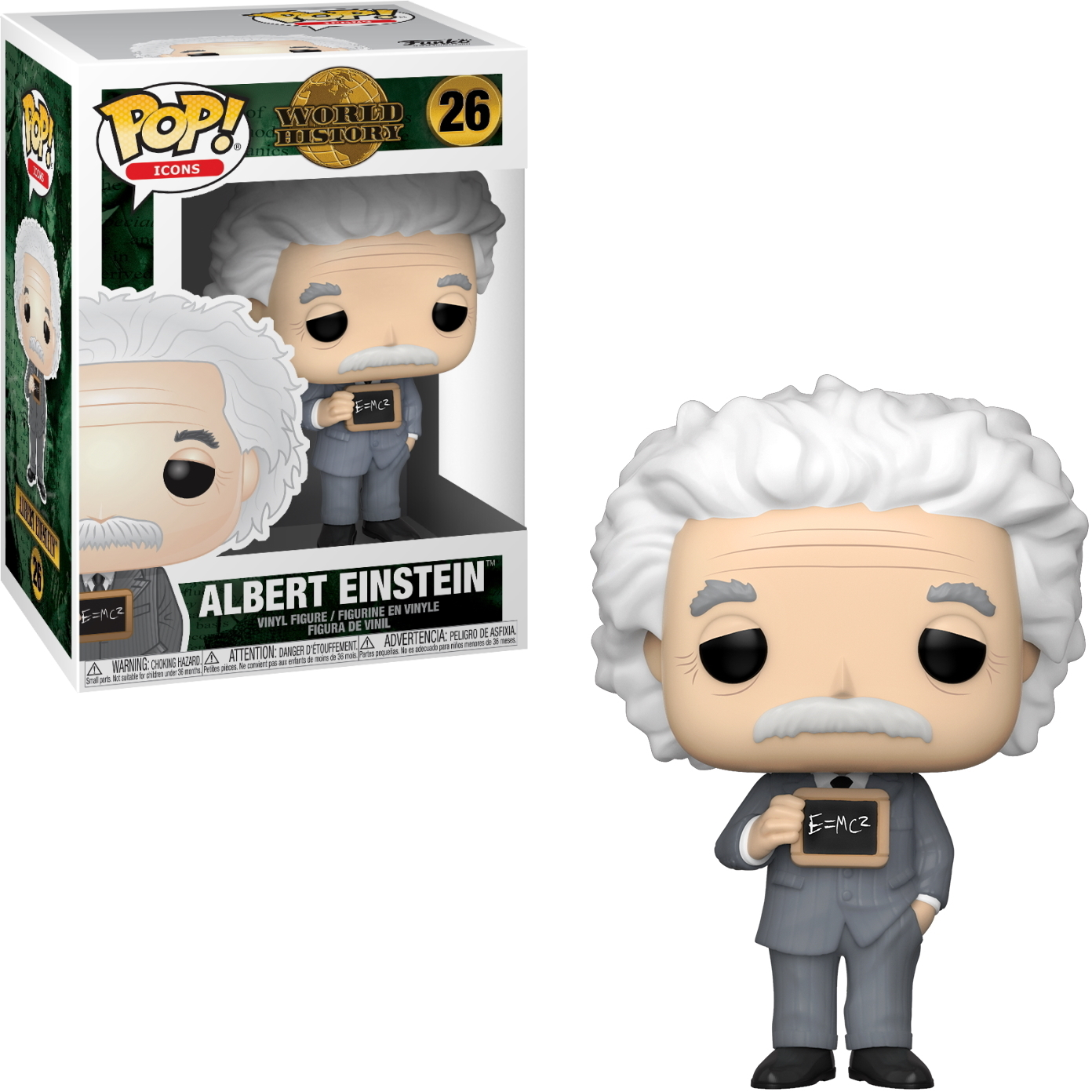 Albert Einstein Figur mit Box, hält ein E=MC² Schild.