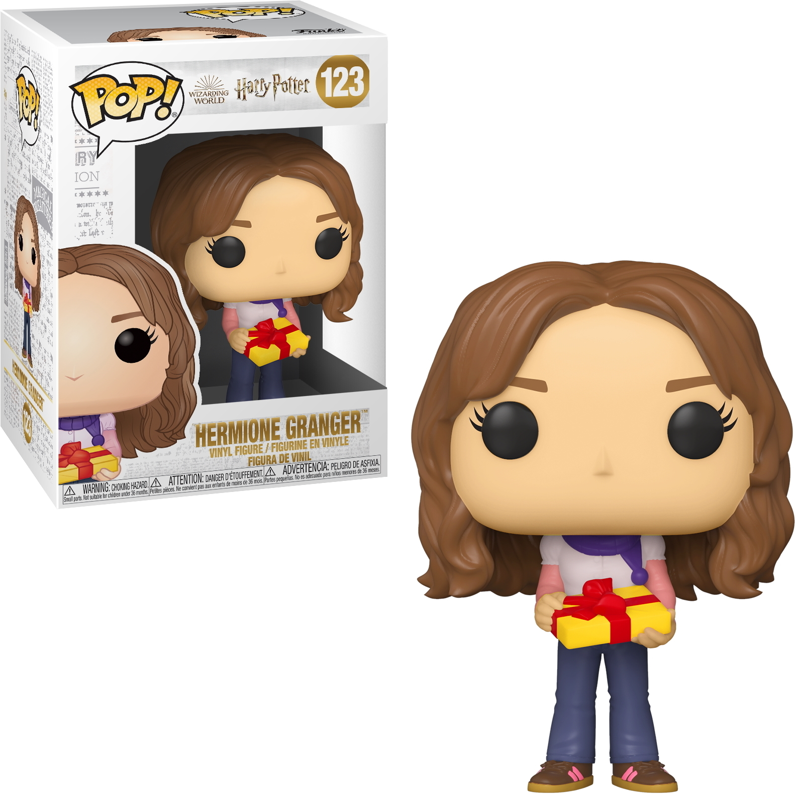 Figura Hermione Granger Funko Pop! con in mano una scatola regalo gialla e rossa davanti a una scatola.