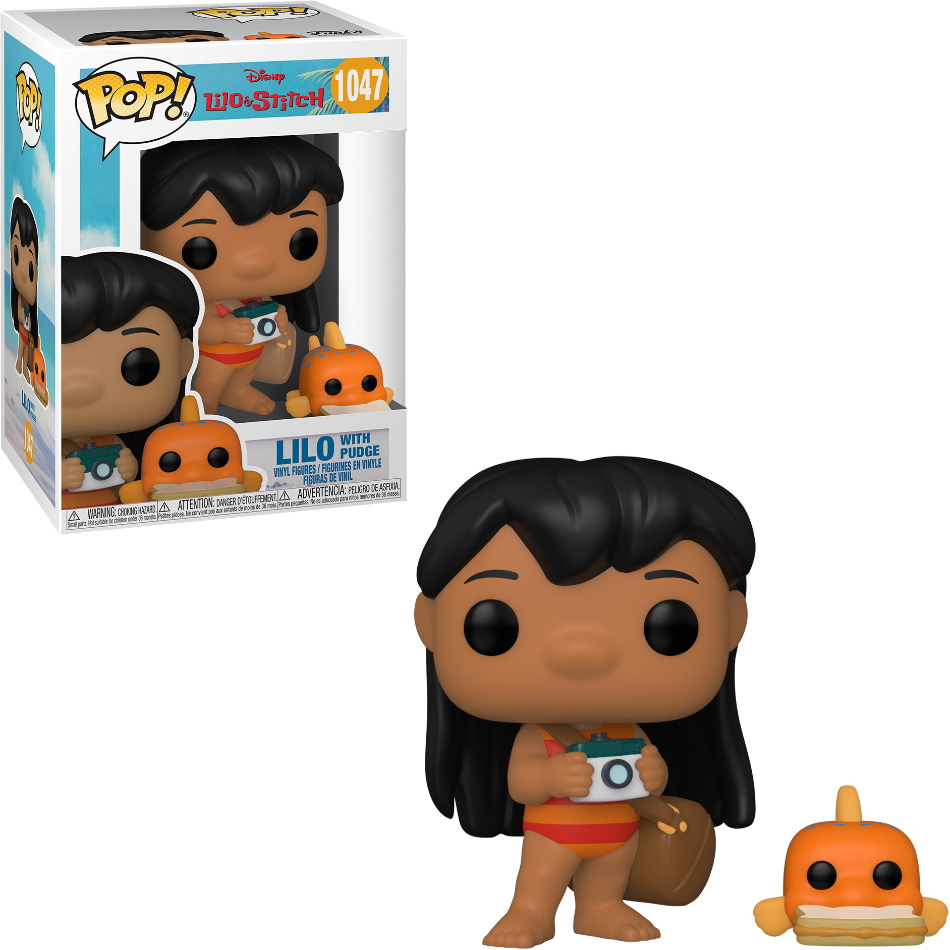 Figurka Pop Lilo i Stitch z aparatem i figurką Pudge na białym tle.