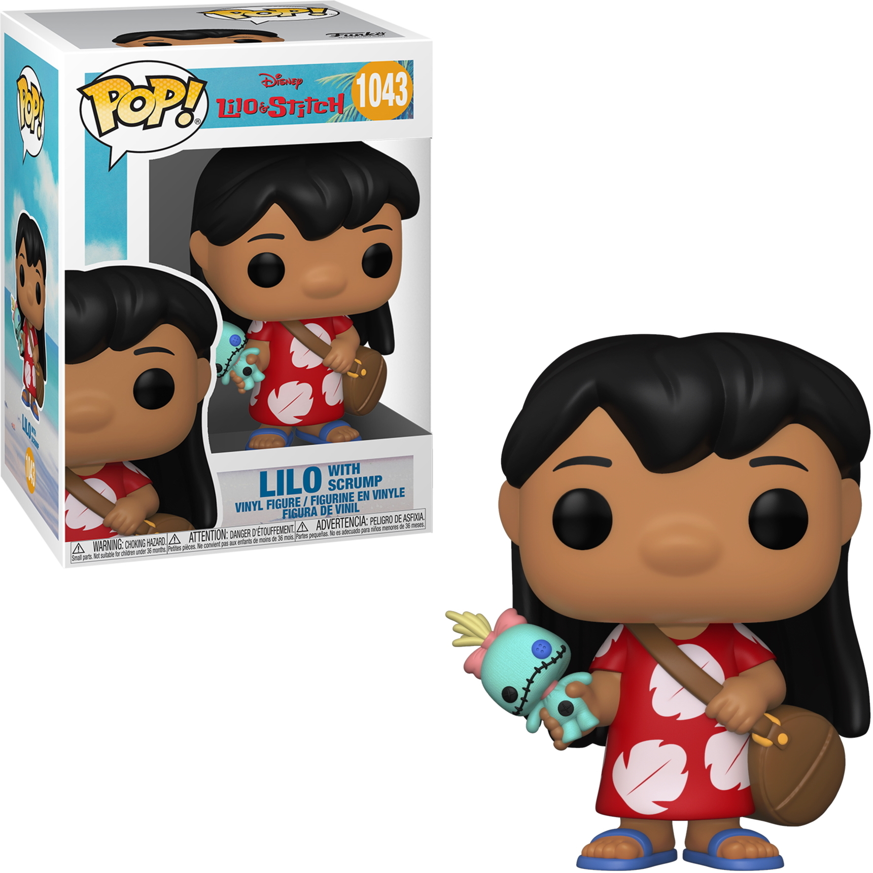 Figurina di Lilo con Scrump. Lilo in abito rosso, tiene in mano la bambola Scrump. Scatola bianca mostra la figura e la spiaggia.
