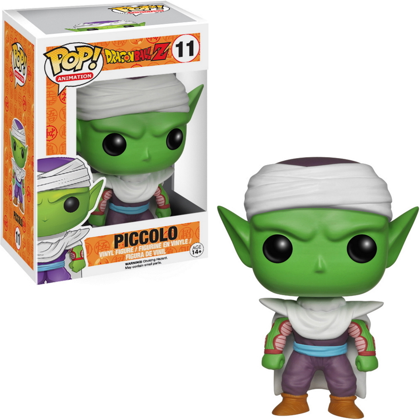 Figurka Piccolo w pudełku, zielona skóra, biały turban, fioletowy garnitur i poza akcji.