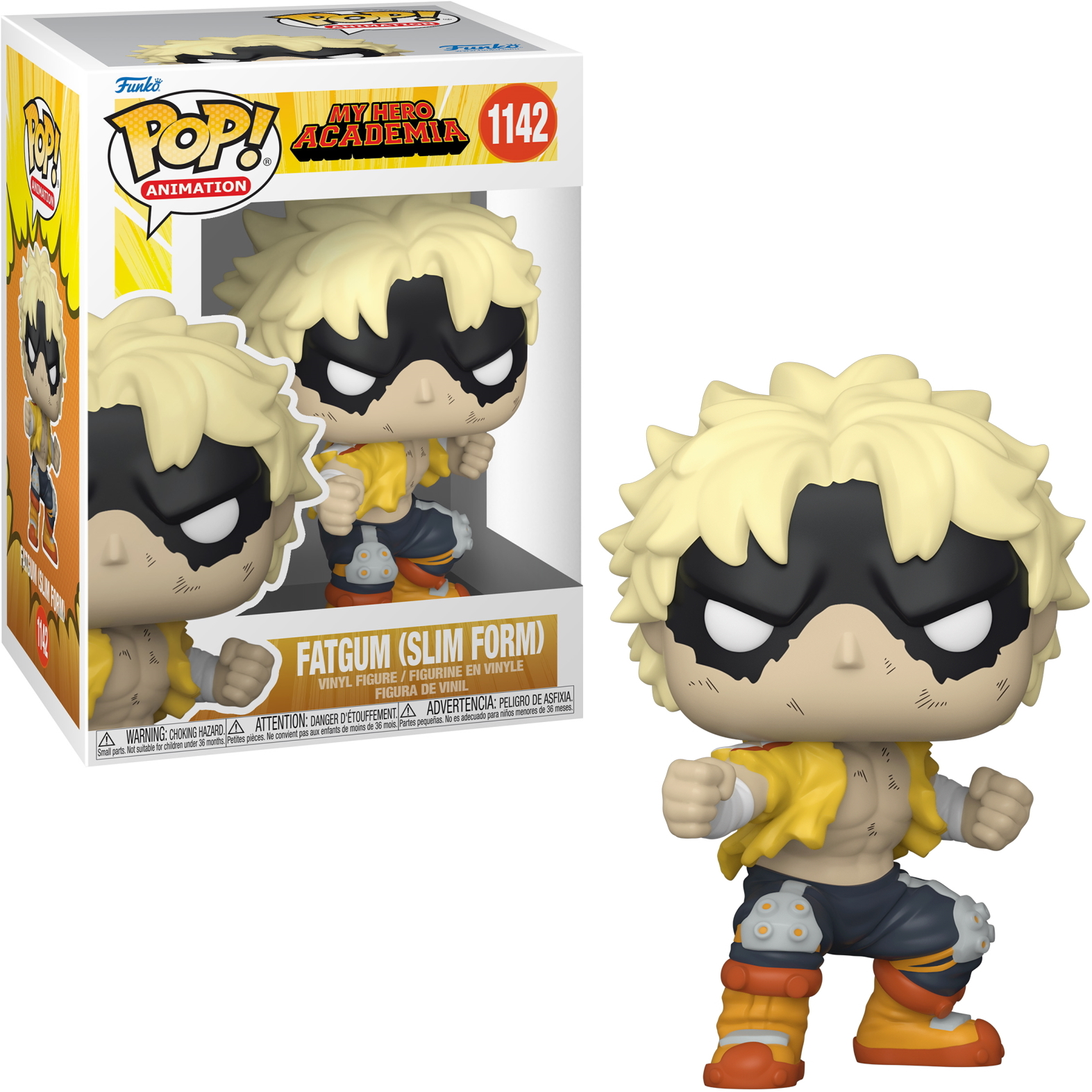 Een Funko Pop van Fatgum (Slim Form) uit My Hero Academia, met figuur en doos.