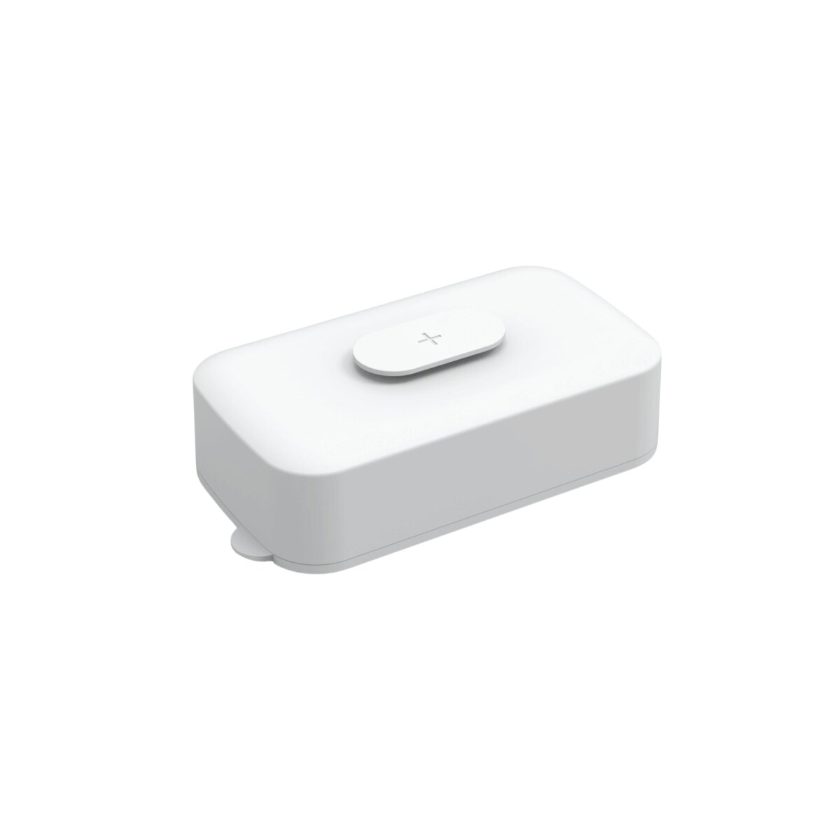 Een witte doos met een knop bovenop. De achtergrond is wit.