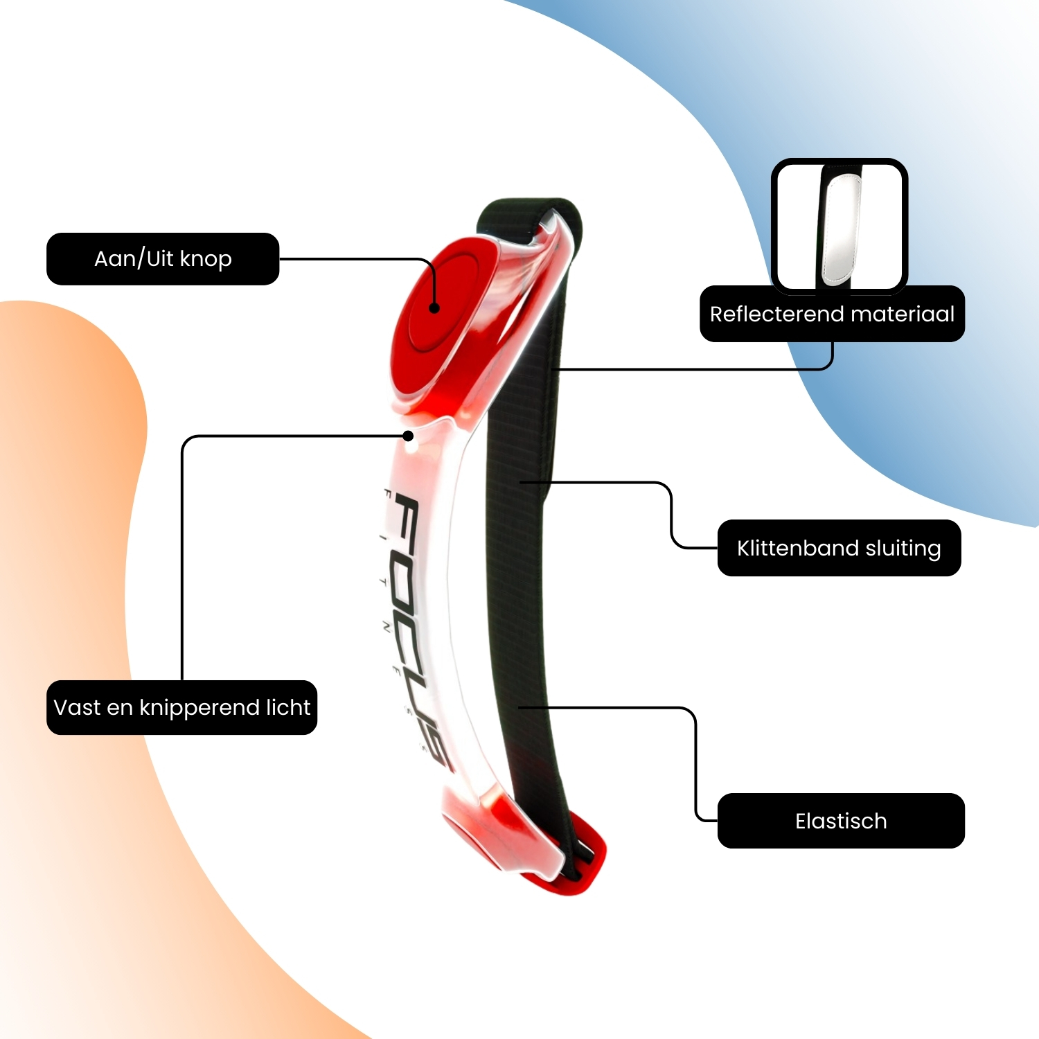 Rode en zwarte smartband met Nederlandse tekstlabels. Kenmerken: knop, licht en elastisch.