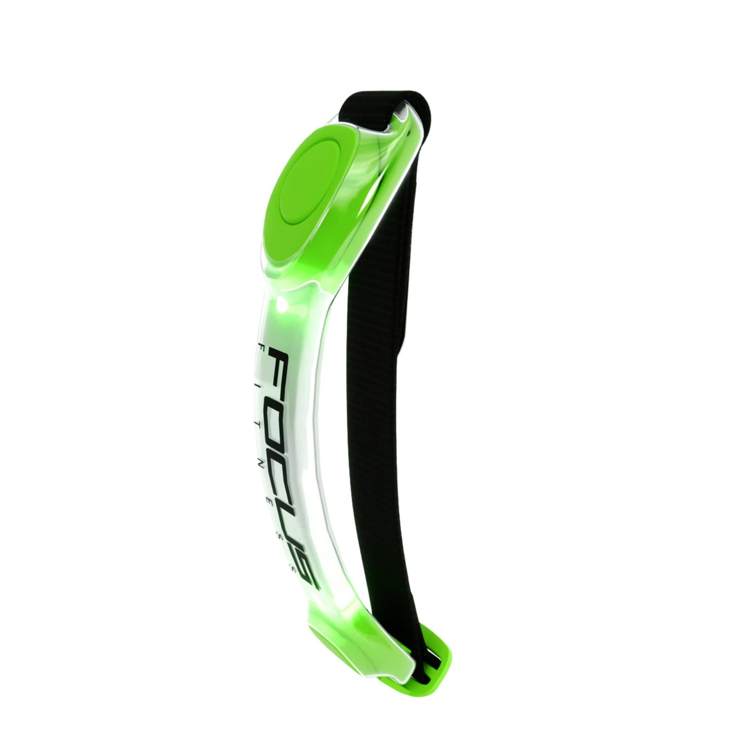 Groene en zwarte fitnessarmband. Witte "FOCUS" tekst zichtbaar.