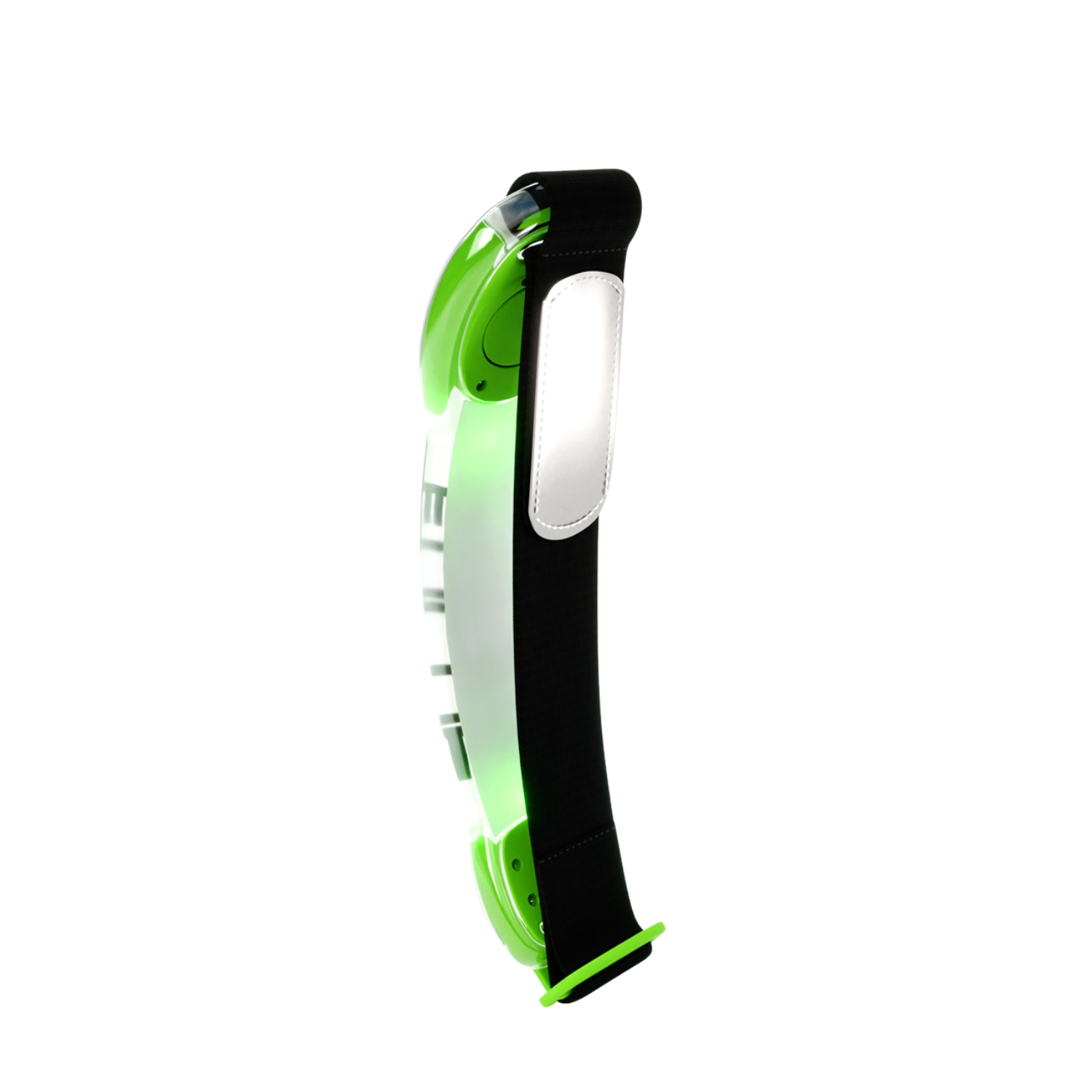 Groene beenbeschermer met een zwarte band. De beschermer is groen, wit en zwart.