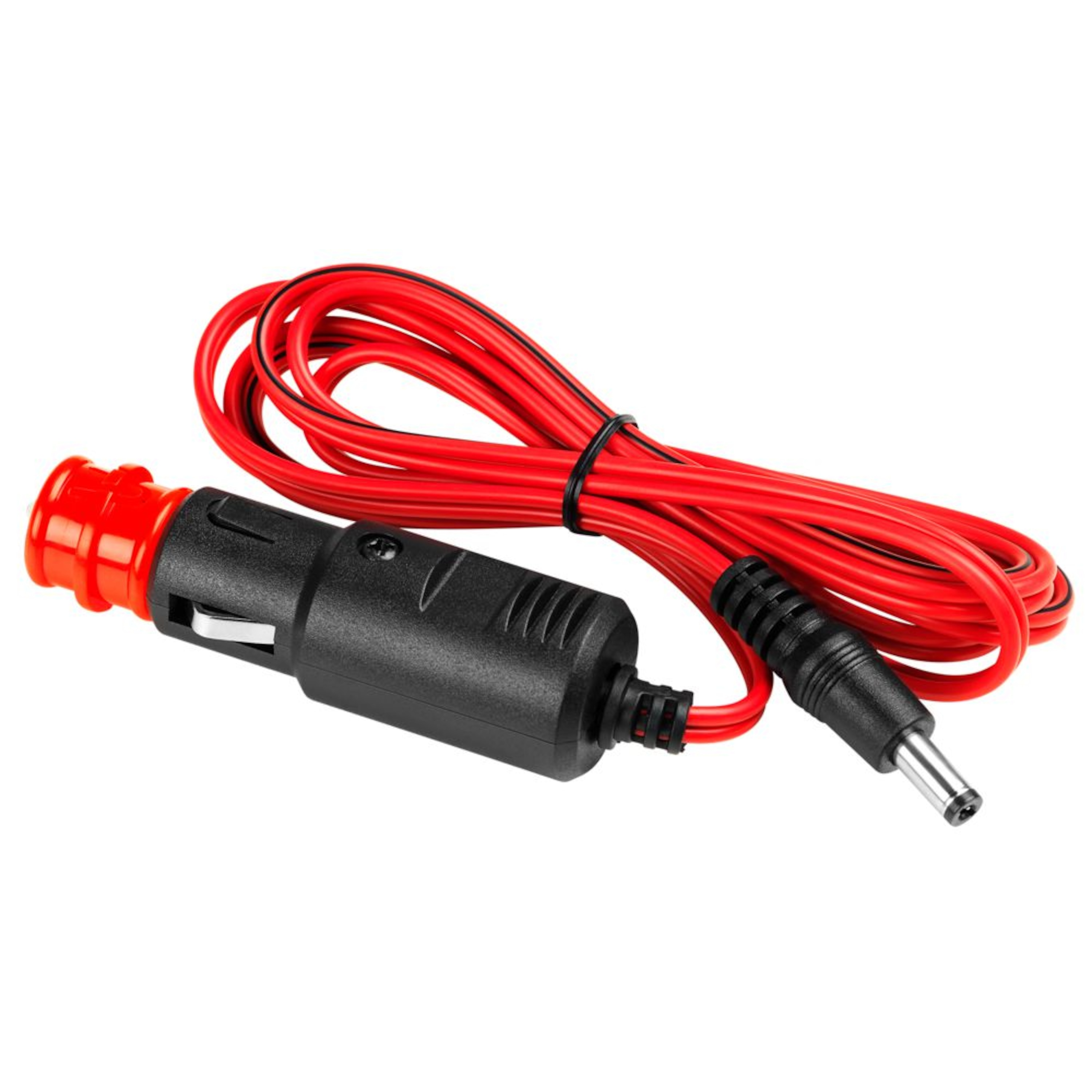 Rode en zwarte autoladerkabel. Zwarte connector met rode punt, DC-connector aan het einde.