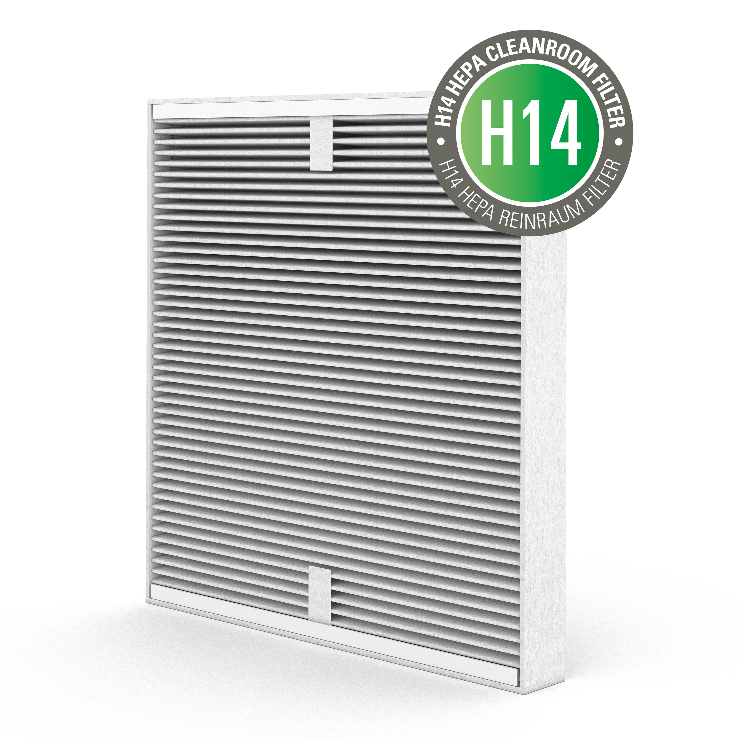 H14 HEPA Reinraumfilter. Weißer Filter mit grünem H14 Logo.