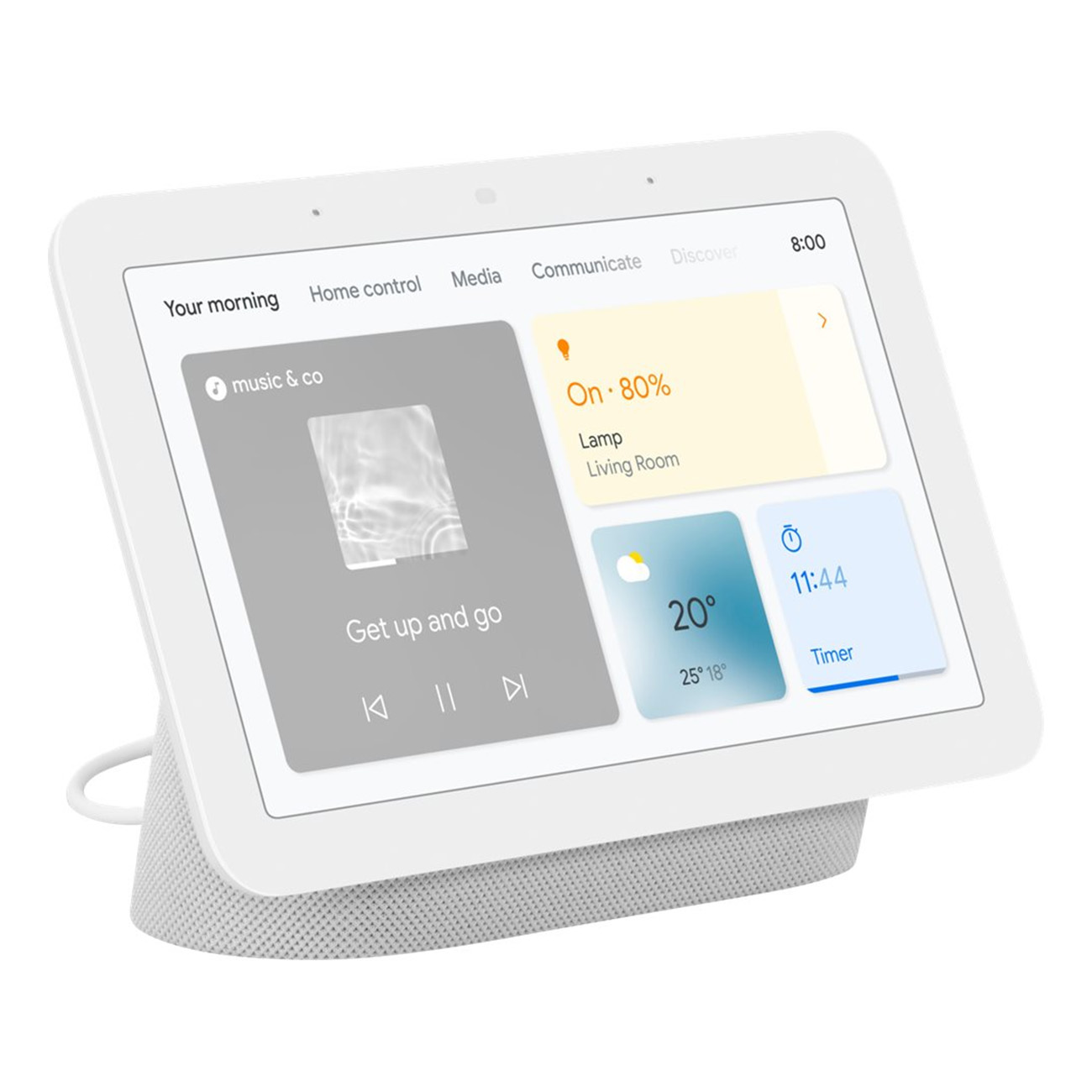 Smart display Google Nest Hub bianco con interfaccia di controllo domestico. Base in tessuto grigio.