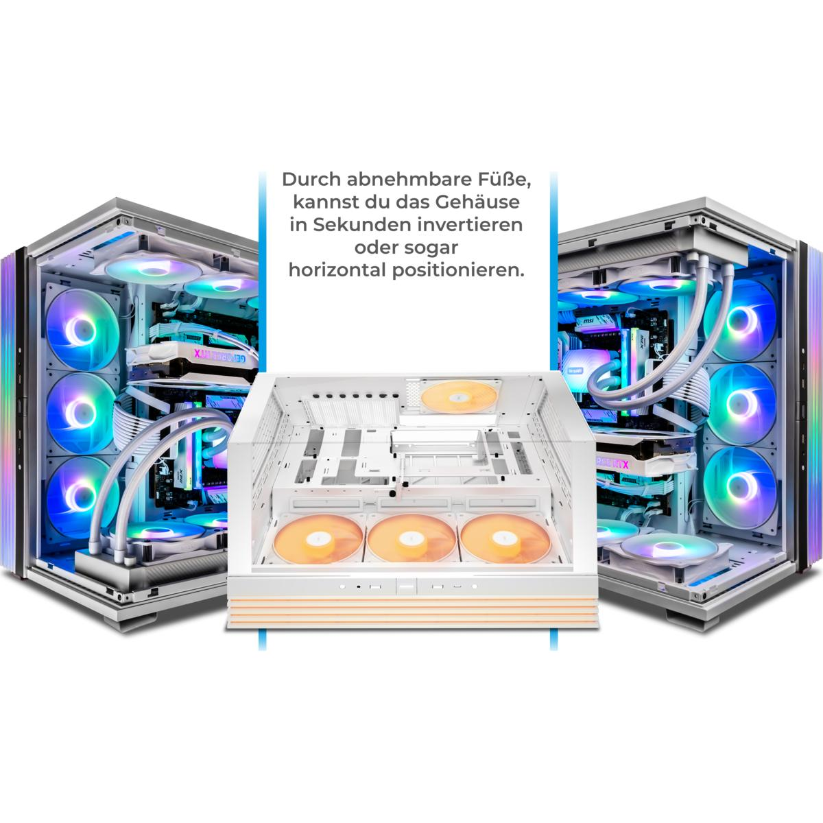 Weißer PC-Tower mit Glasseite, Lüftern und Komponenten.