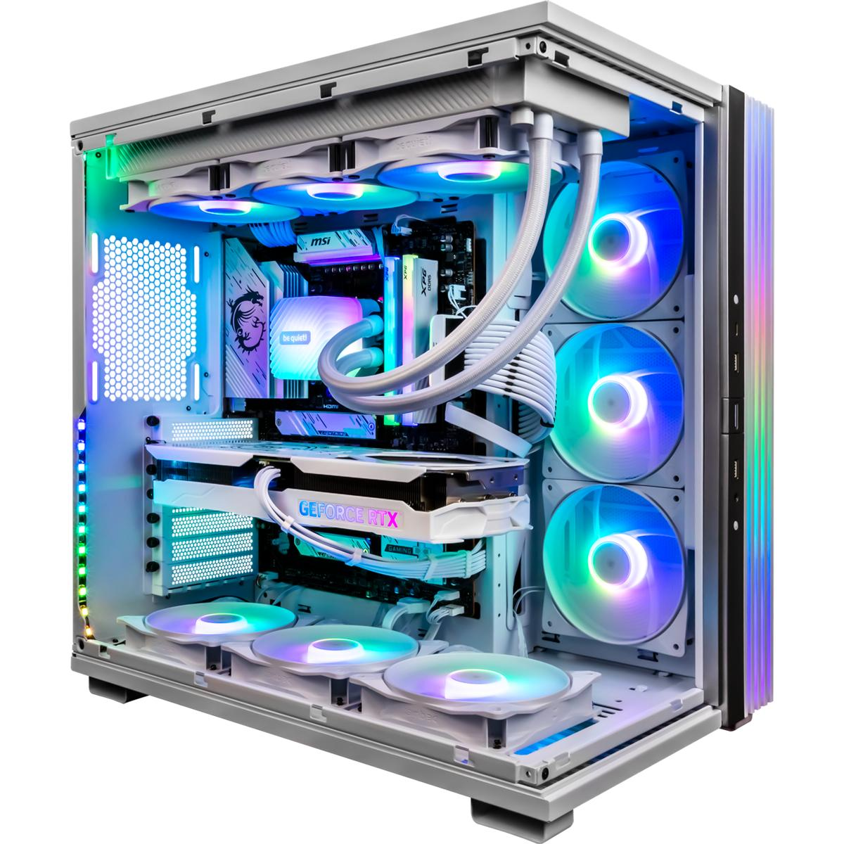 Weißer PC-Tower mit Glasseite, Lüftern und Komponenten.