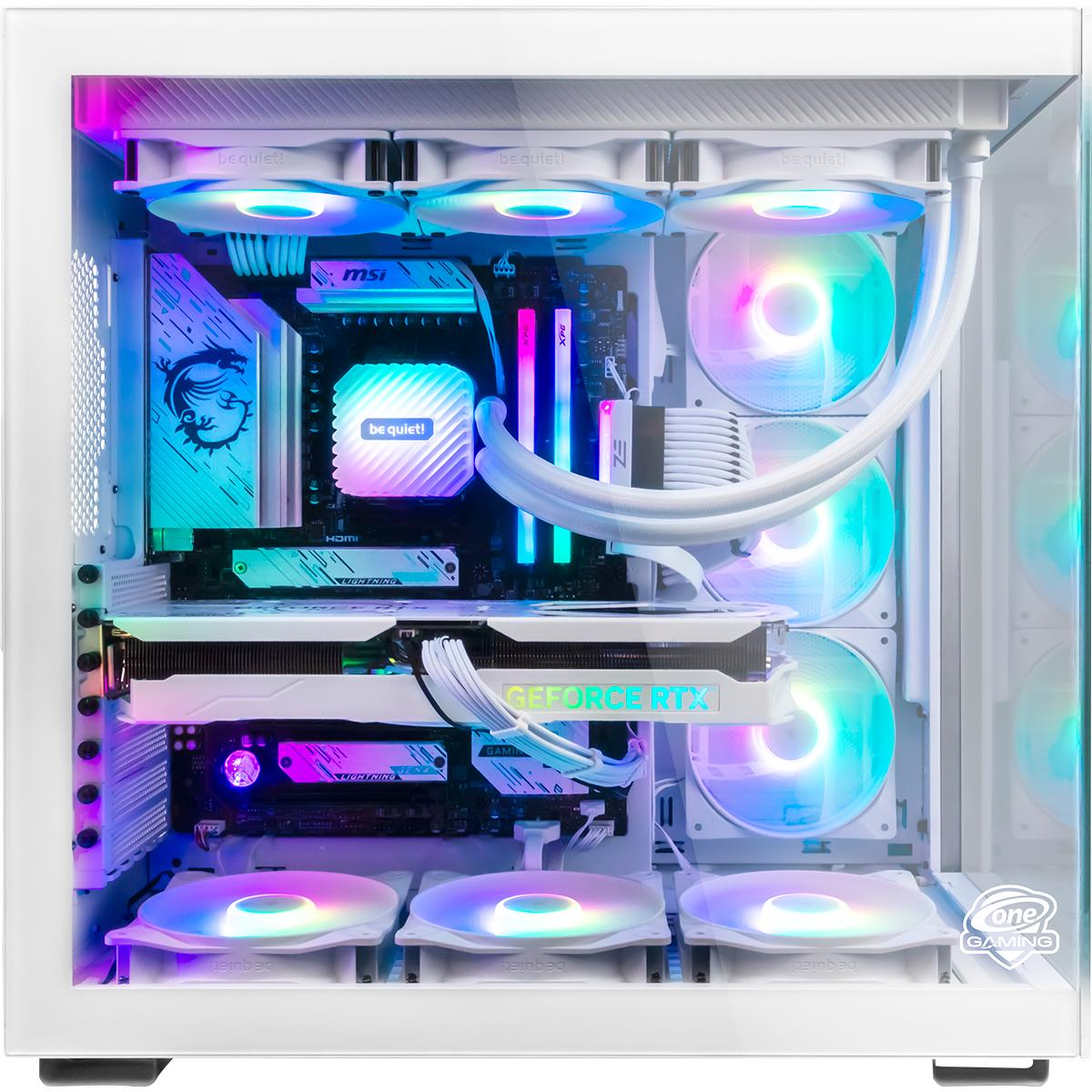 Weißer PC-Tower mit Glasseite, Lüftern und Komponenten.