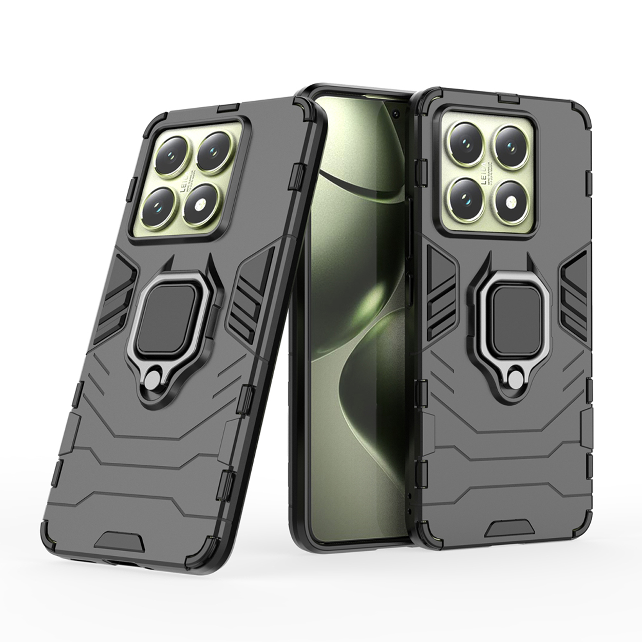 Drie grijze telefoonhoesjes met een ringhouder. De hoesjes hebben een gestructureerd ontwerp.