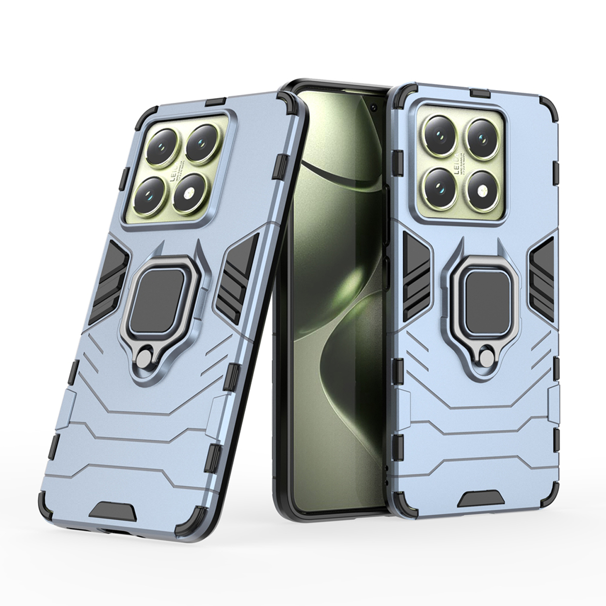 Blauwe telefoonhoes met een ringstandaard. De hoes is blauw en heeft een ringstandaard.