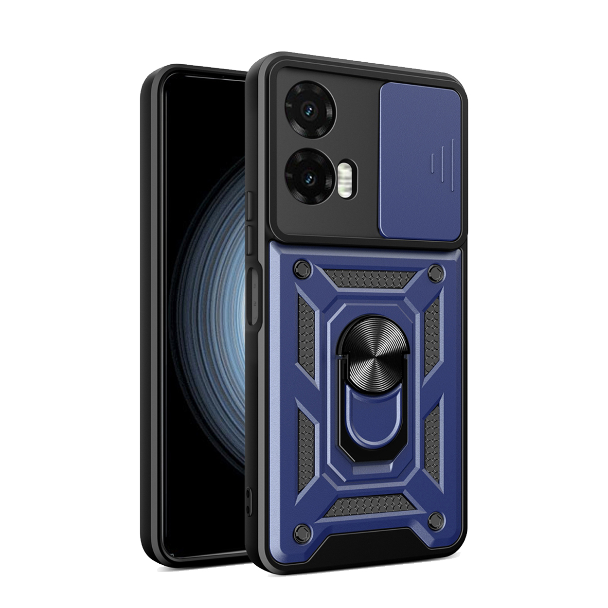 Phone case with blue and black design, a sliding camera cover, and a ring holder.