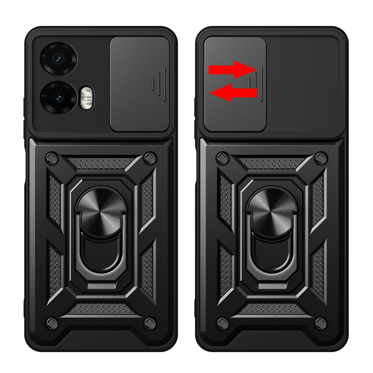 Zwart telefoonhoesje. De hoes heeft een schuifdeksel voor de camera. Pijlen duiden op het openen.