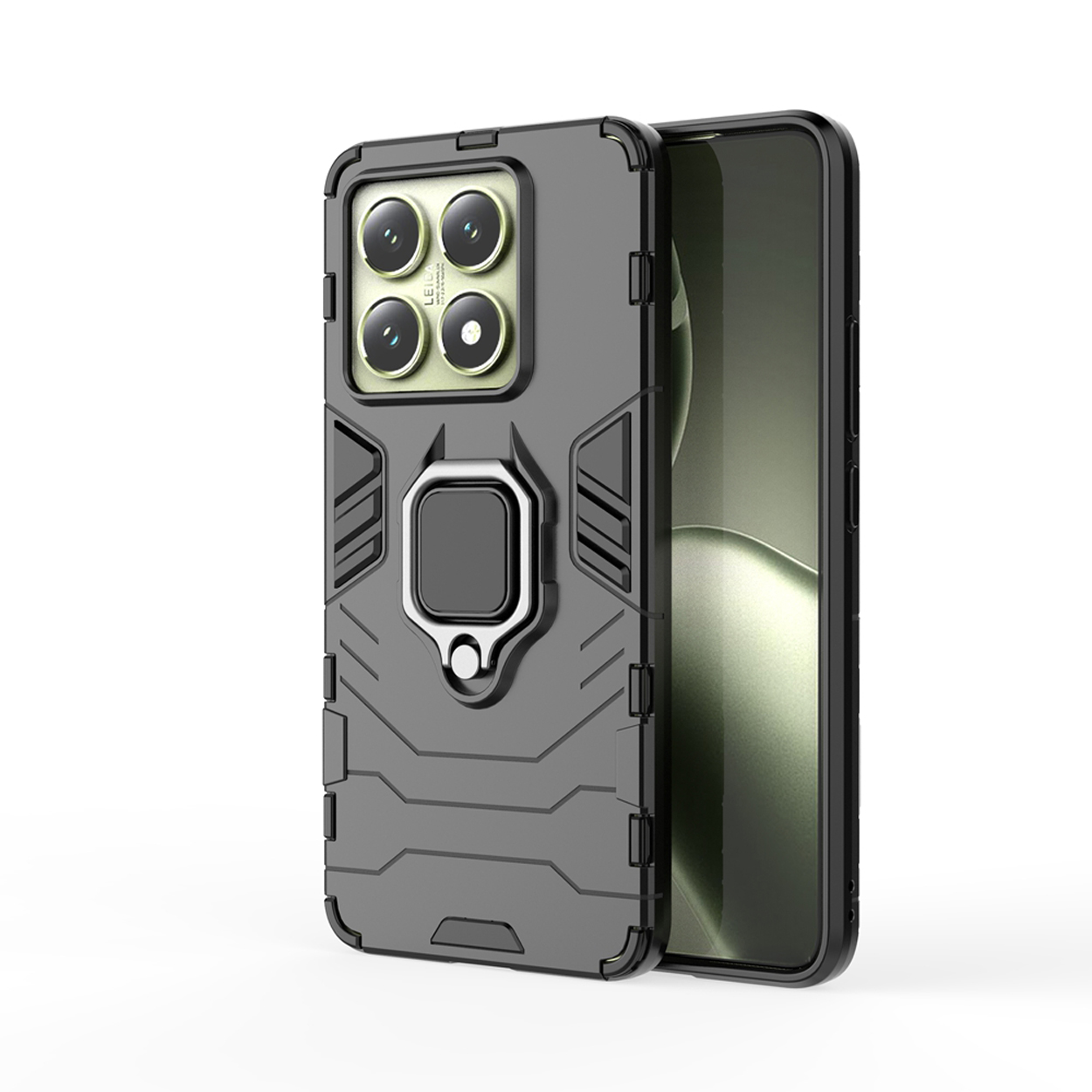 Grijze telefoonhoes met een ringhouder. Telefoon zit in de hoes. De hoes heeft een robuust ontwerp.