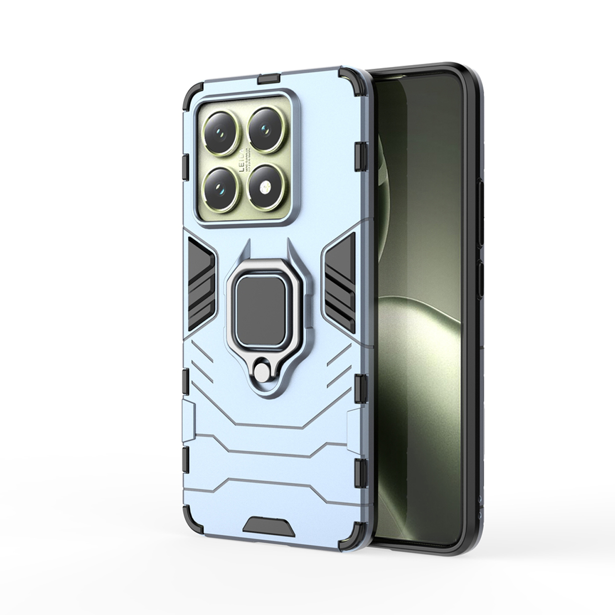 Blauwe telefoonhoes met een zilveren ringhouder, met vier camera-uitsparingen.