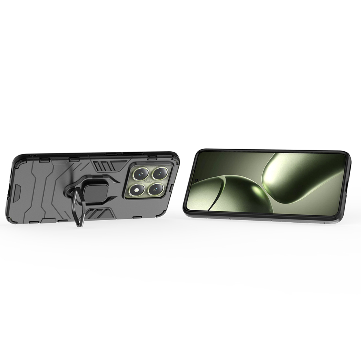 Twee telefoons in hoesjes. Eén hoesje staat links en de andere rechts. Beide zijn zwart.