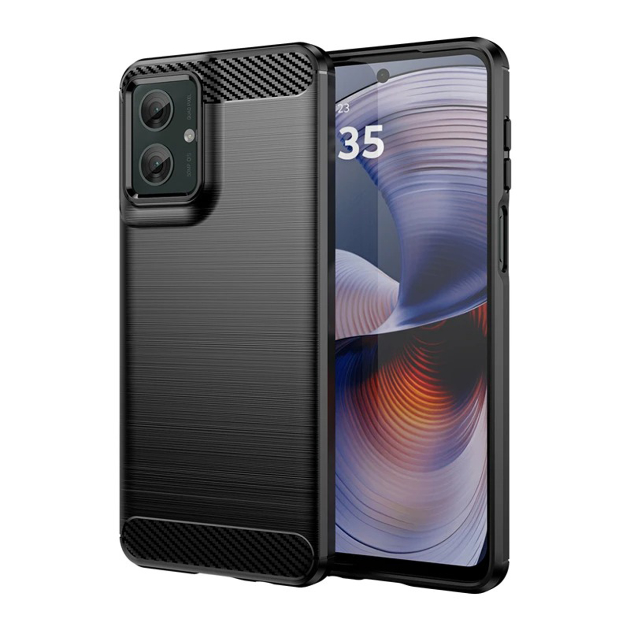 Coque de téléphone noire avec texture fibre de carbone et écran de téléphone.