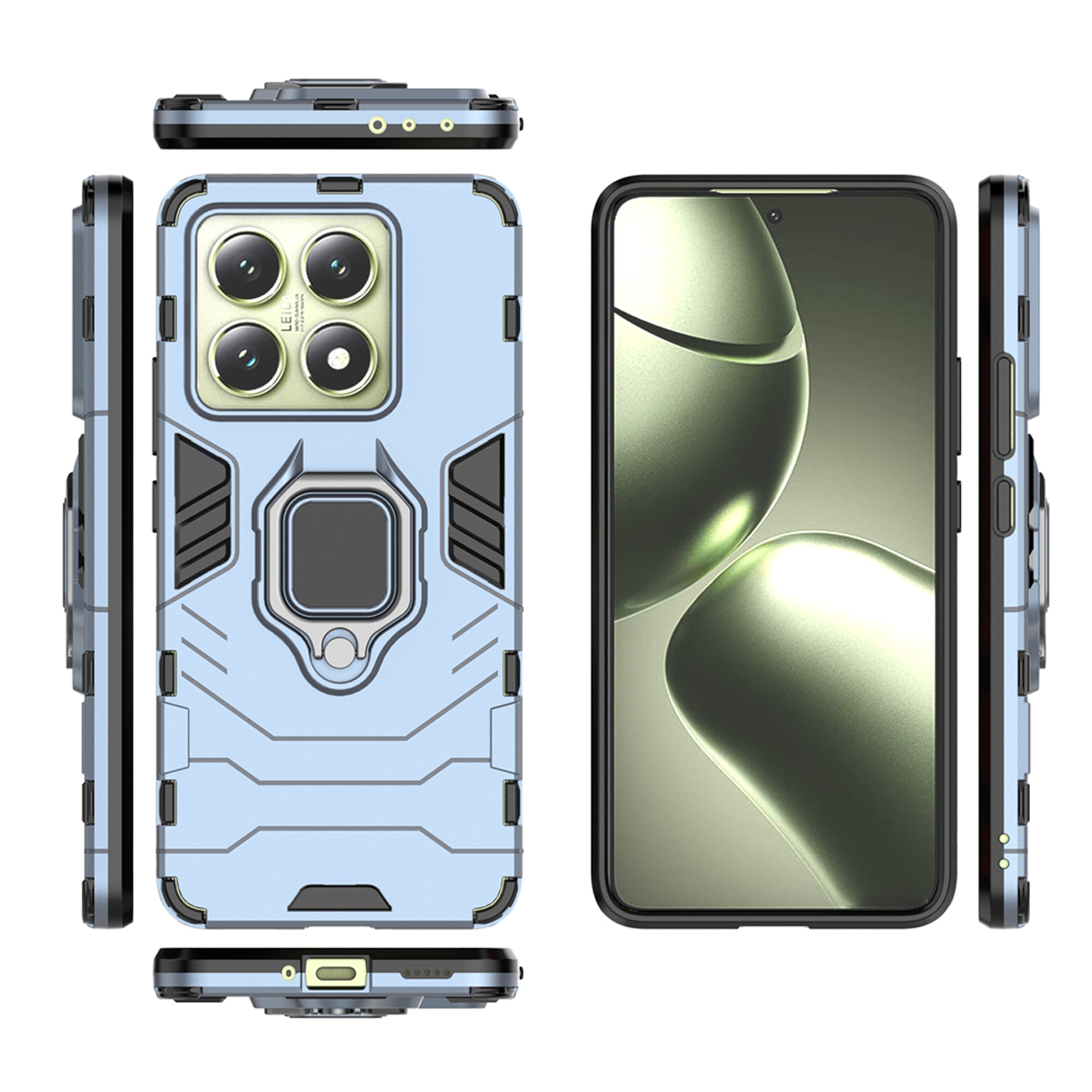 Lichtblauwe beschermende telefoonhoes, met meerdere hoeken. De hoes heeft een standaard en bedekt de camera van de telefoon.