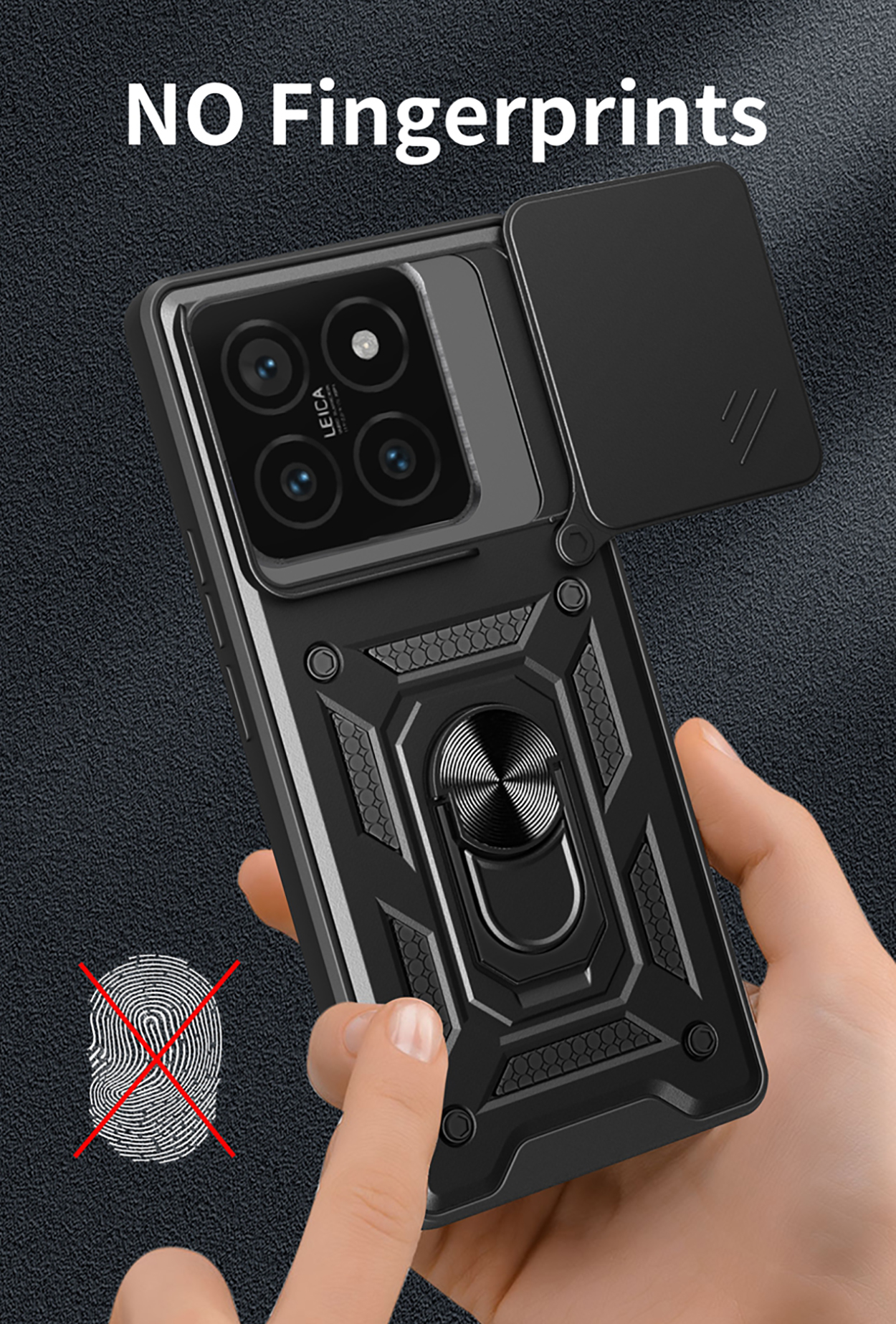 Zwarte telefoonhoes met cameralensafdekking, vinger raakt de hoes. Tekst: GEEN vingerafdrukken.
