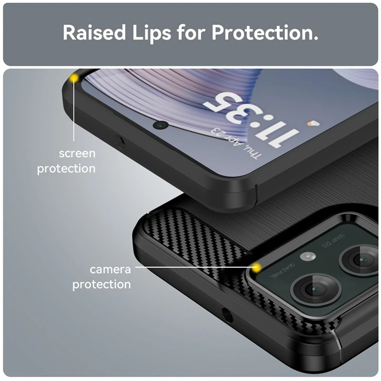 Gros plan sur une coque de téléphone noire. Montrant la protection de l'écran et de la caméra. Fond gris.