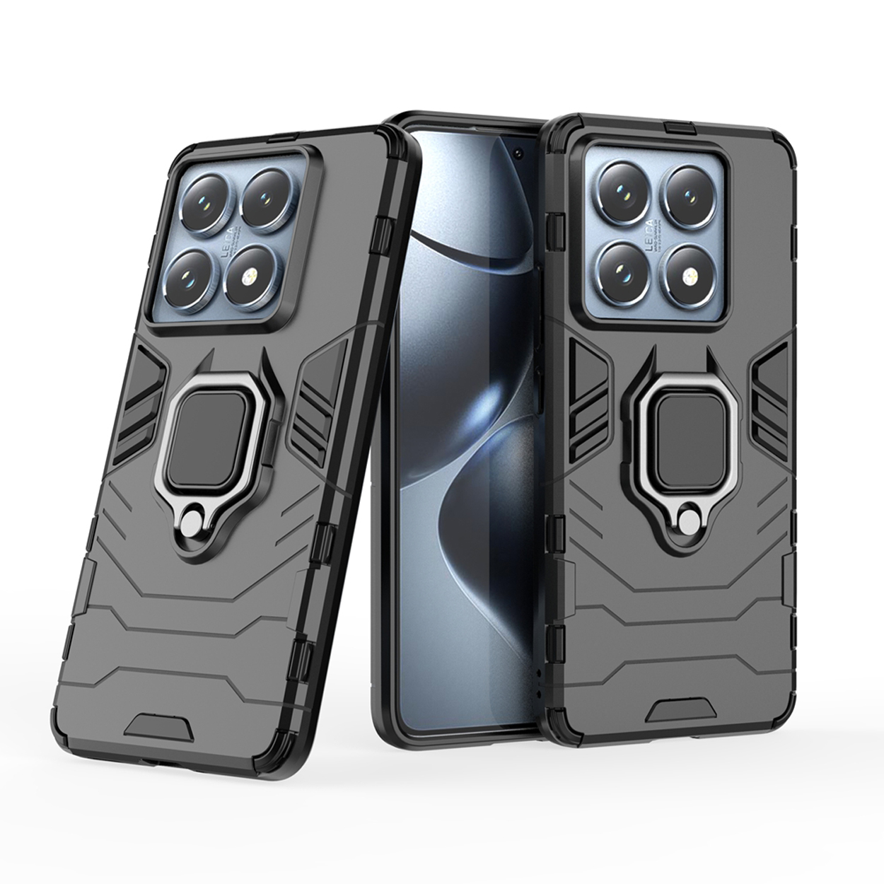 Twee zwarte telefoonhoesjes, met ringhouders en meerdere camera-uitsparingen.