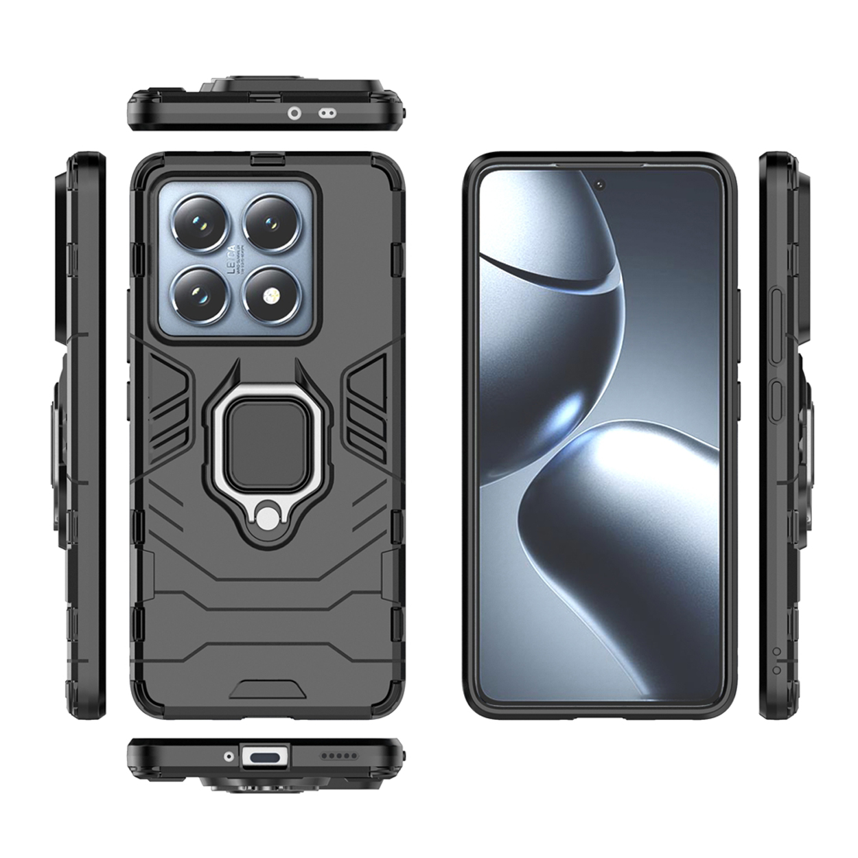Meerdere weergaven van een zwarte telefoonhoes met een robuust ontwerp, camerabescherming en een ringhouder.