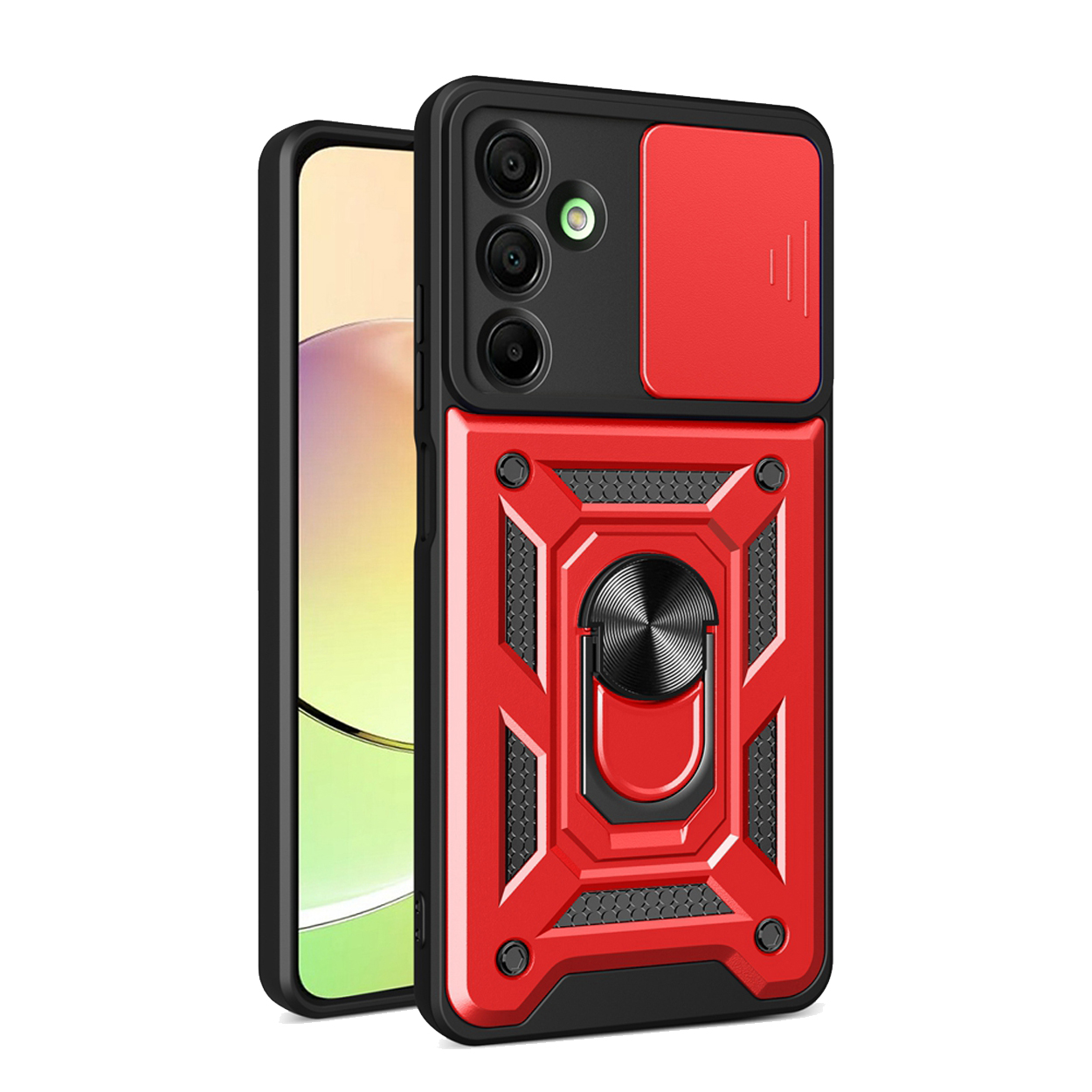 Red and black phone case with a ring stand. The phone case is on the side.