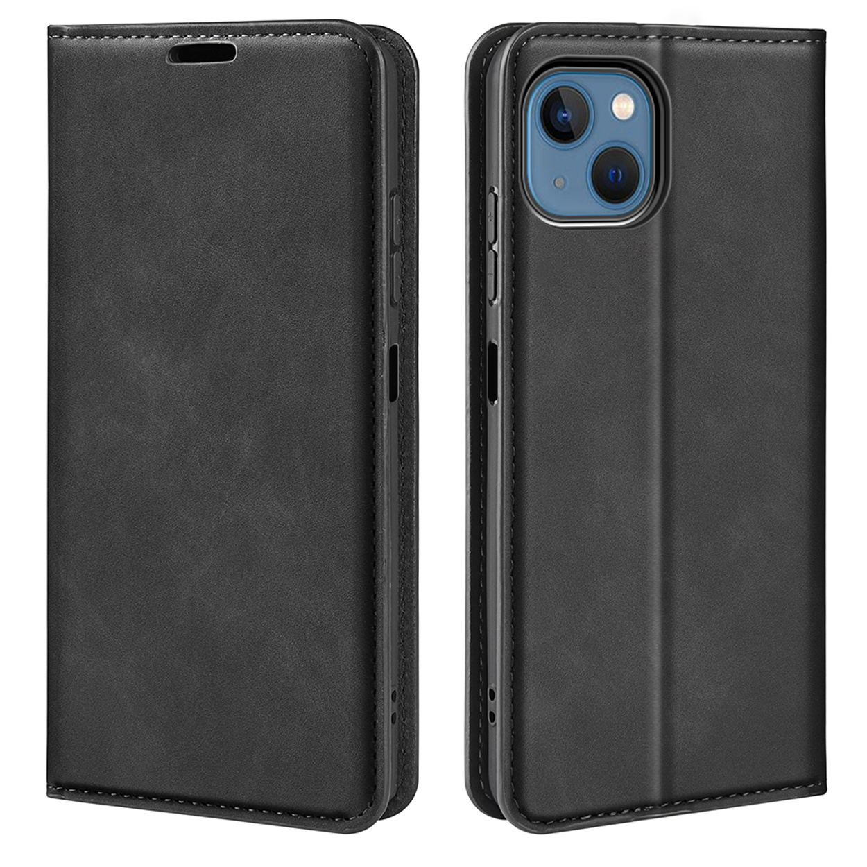 Étui de téléphone noir. Le téléphone est à l'intérieur. L'étui est fermé. Fond blanc.