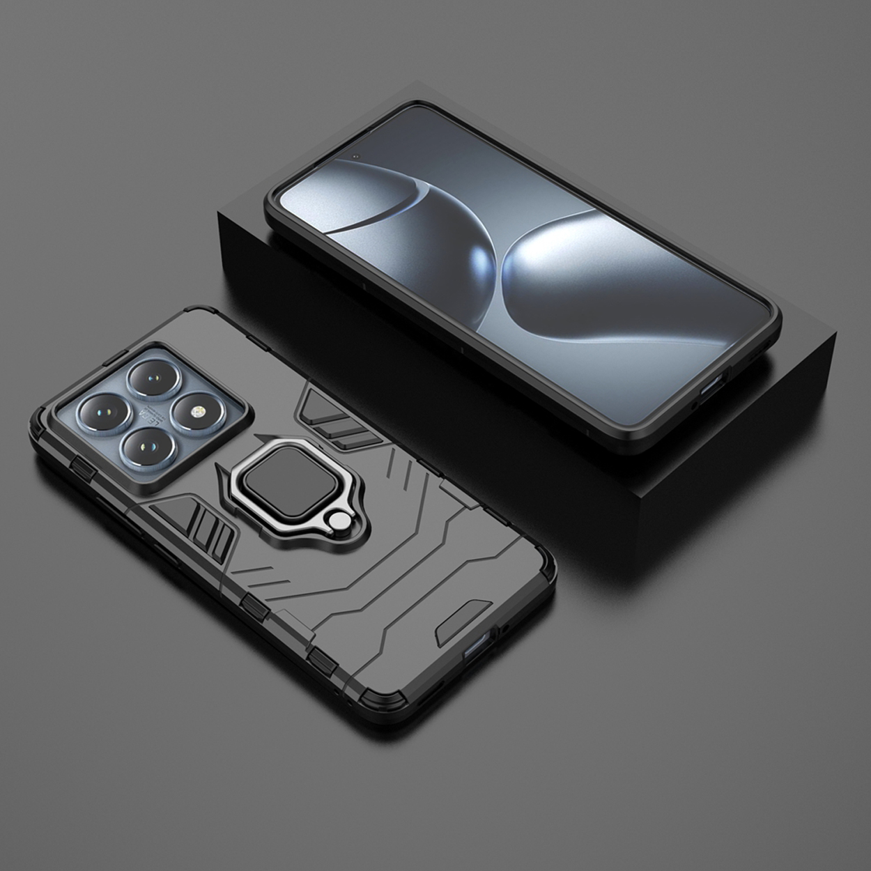 Telefoonhoesje met ringhouder en een telefoon op een zwart oppervlak. Zwarte kleur.