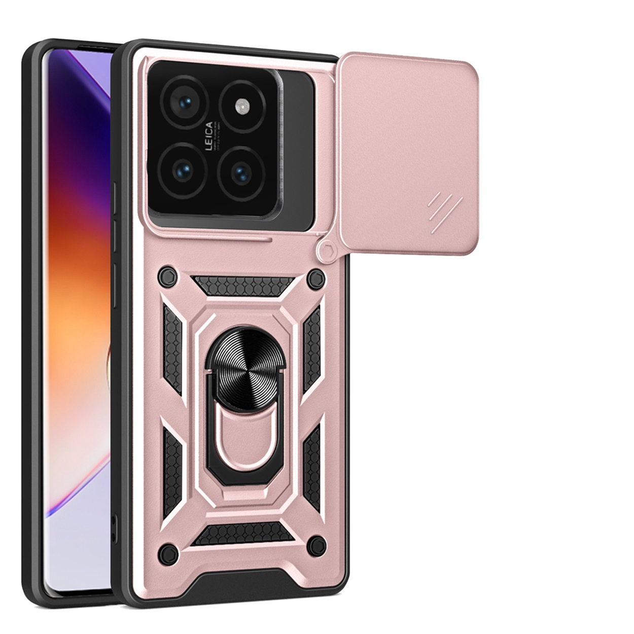 Een roze telefoonhoes met een camerabeschermer. De hoes heeft een metalen ring en een hoekig ontwerp.