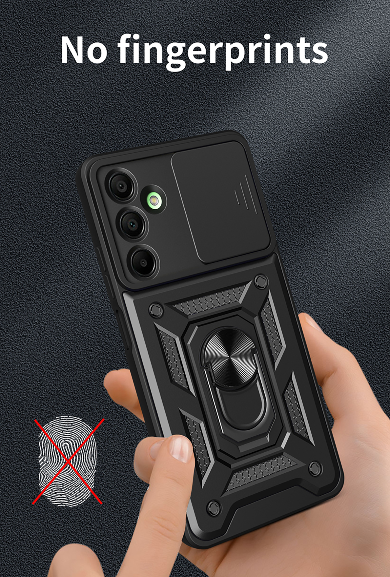 Hand holding a black phone case with a sliding camera cover and a ring holder. No fingerprints.