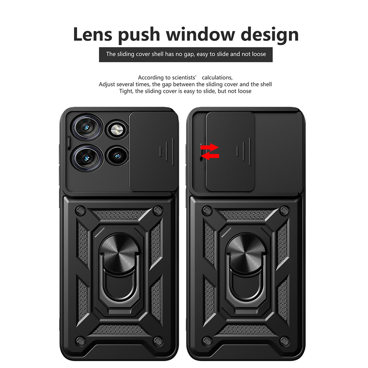 Telefoonhoesje met schuifbare camerahoes, ringhouder en een zwart-blauw ontwerp.