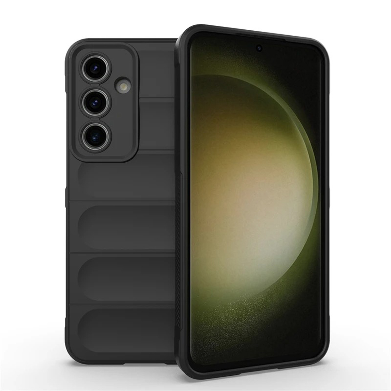 Zwarte telefoonhoes met een getextureerde achterkant. De hoes bedekt de camera.