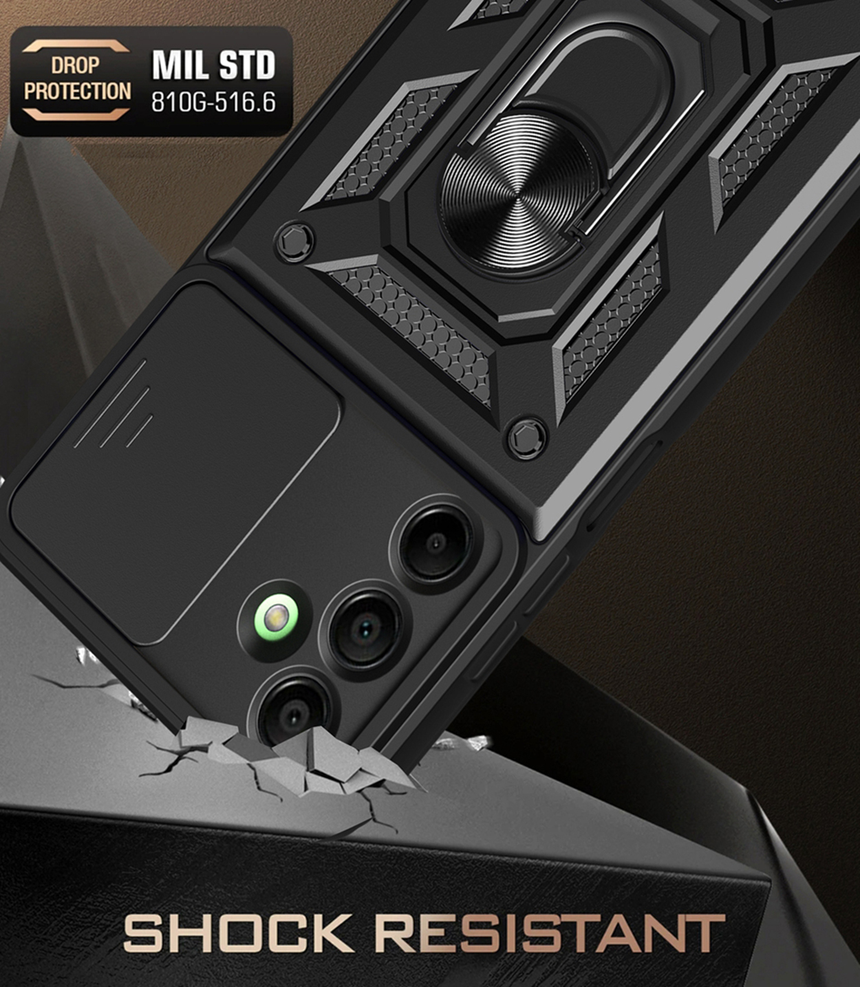 Black phone case, phone dropped, impacts the ground. The case protects the phone. Shock resistant.