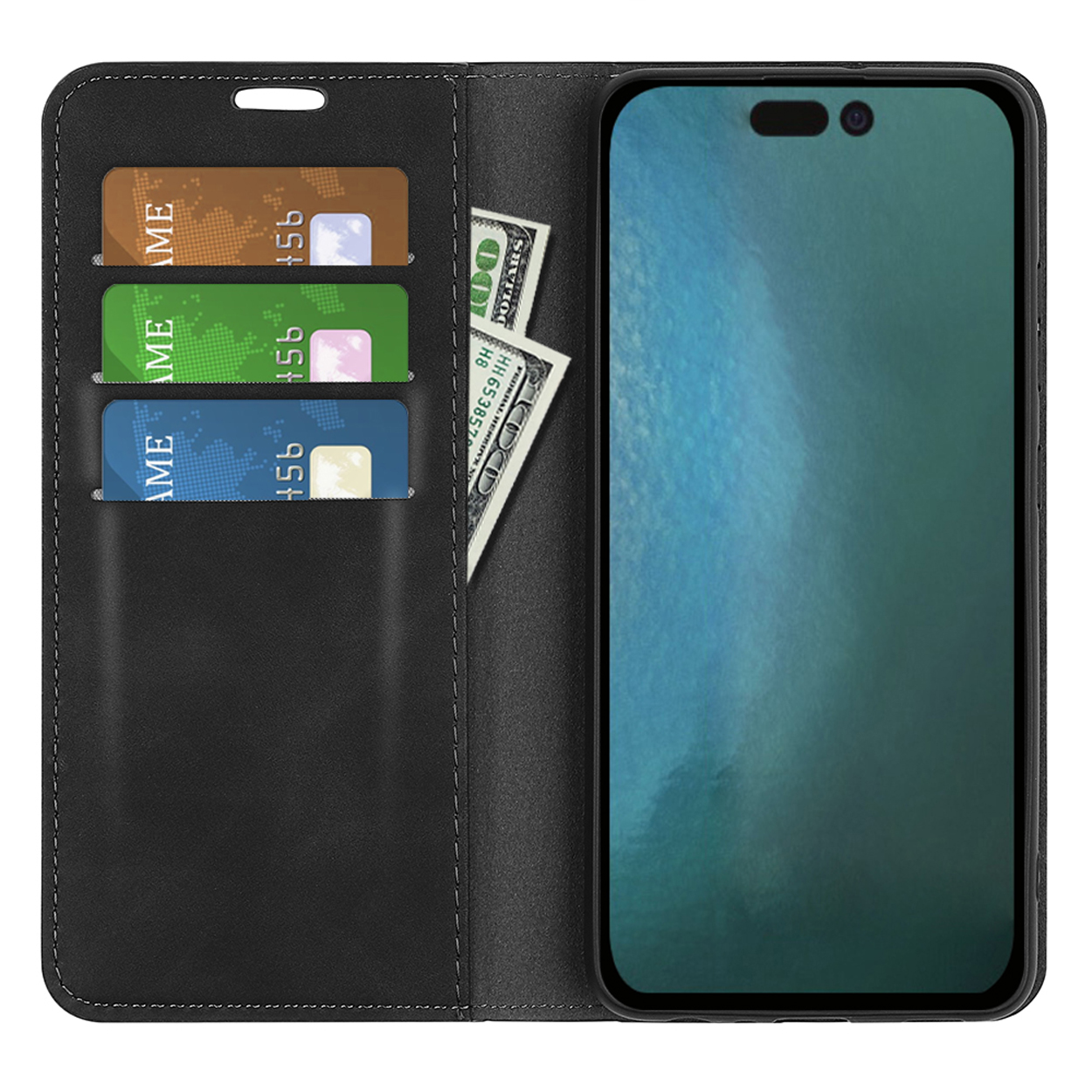 Étui de téléphone noir avec cartes et argent. Un téléphone avec un écran bleu est dans l'étui.
