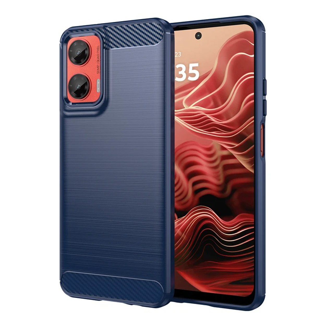 Blauwe telefoonhoes met een gestructureerd ontwerp. De achterkant heeft een cameragedeelte met oranje details.