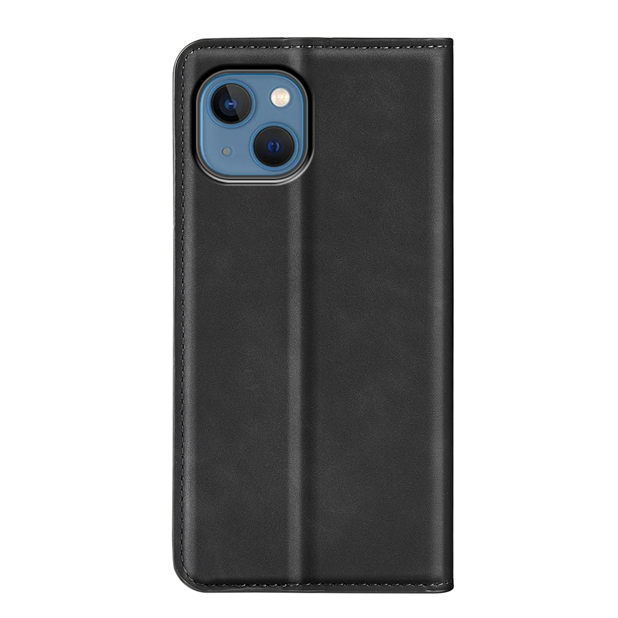 Étui de téléphone en cuir noir; fermé, avec détails de couture, sur fond blanc.