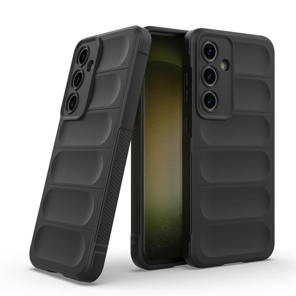Zwarte telefoonhoesjes met geribbeld ontwerp. Eén hoesje is open, toont het scherm. Witte achtergrond.