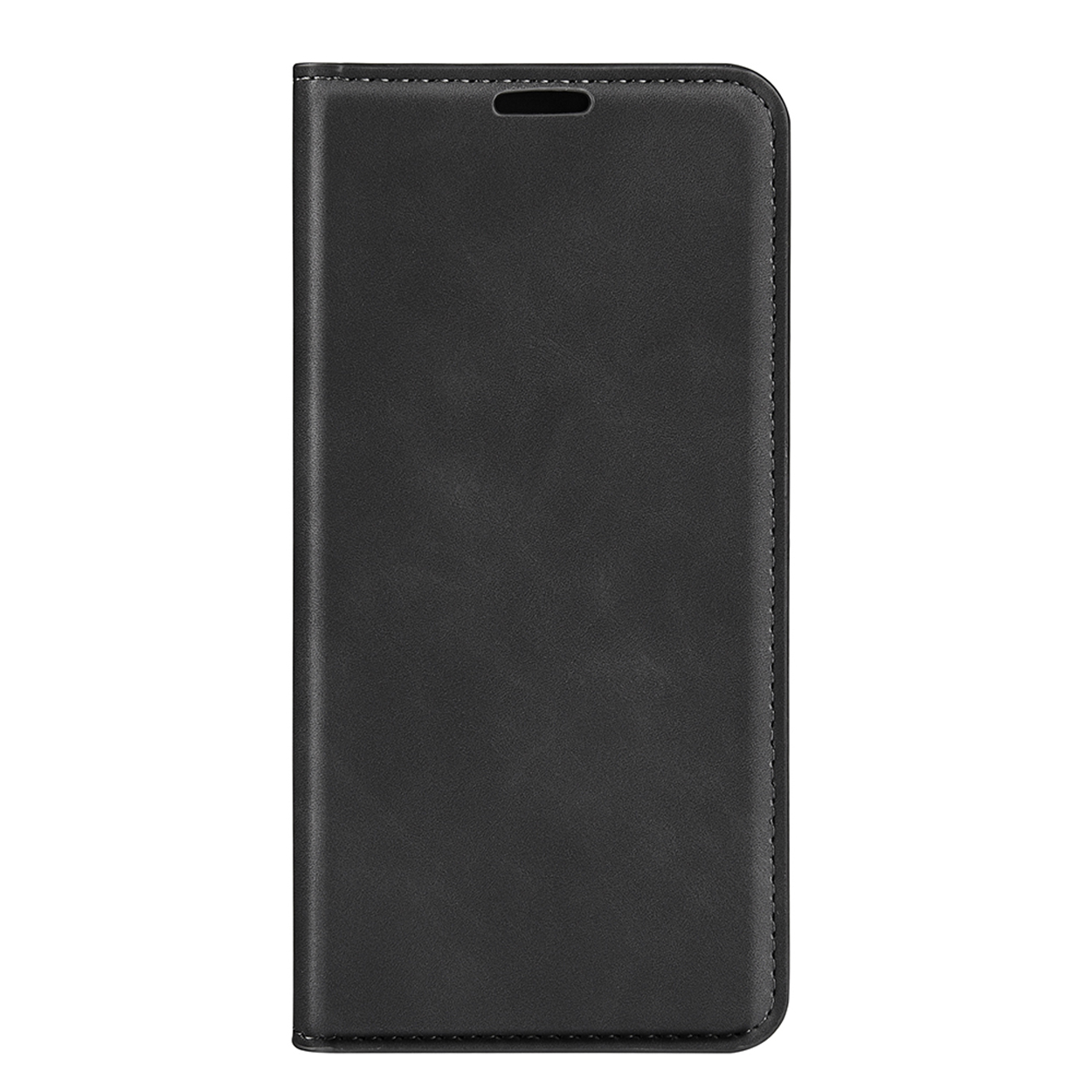 Coque de téléphone en cuir noir, fermée. Montre une vue de face avec une découpe pour le haut-parleur.