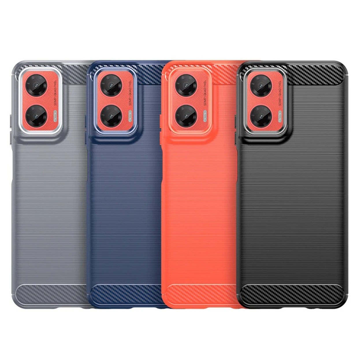 Vier telefoonhoesjes in verschillende kleuren: grijs, blauw, oranje en zwart. Allemaal hebben ze vergelijkbare cameradesigns met rode accenten.
