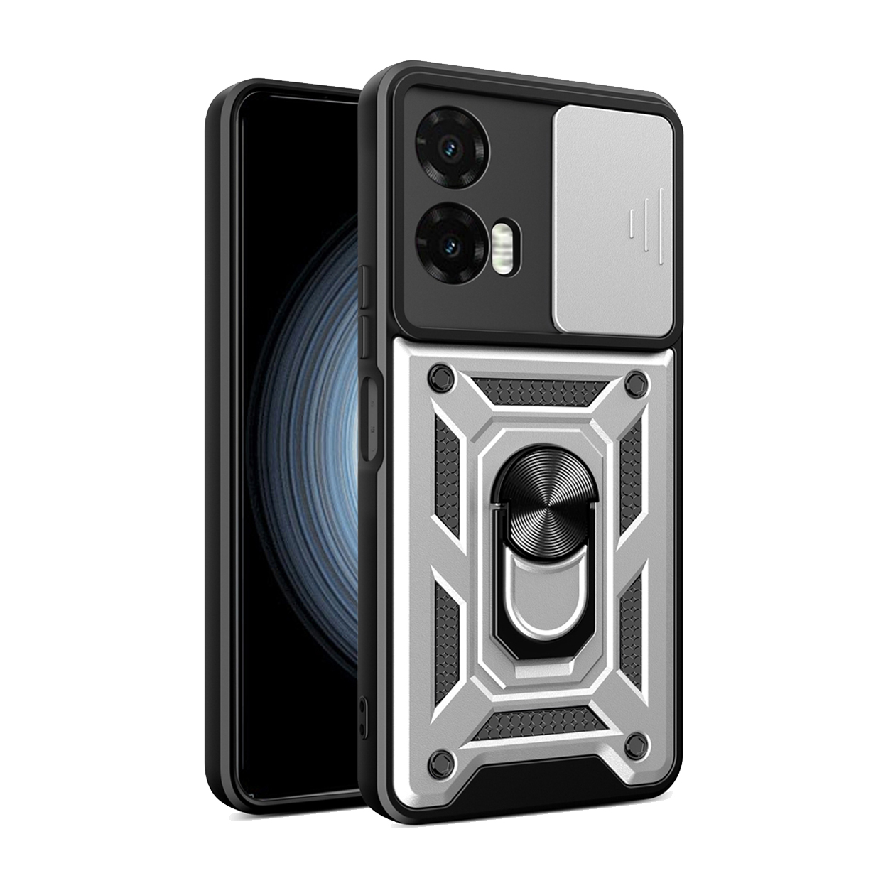 Telefoon in een hoesje met een klepje over de camera. De hoes is zilver en zwart.