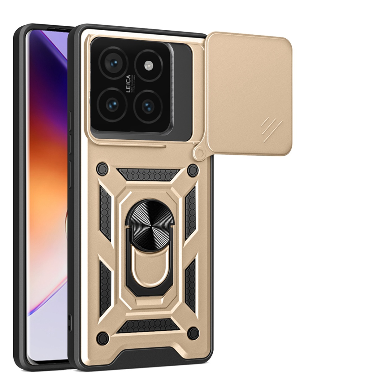 Gouden telefoonhoes met een schuifbare camerahoes en ringhouder. Zwart en goud ontwerp.