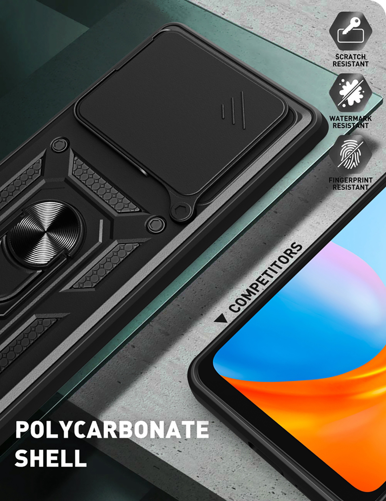 Zwarte telefoonhoes met cameralensafdekking en ringhouder. Tekst: POLYCARBONAAT SCHAAL. Concurrent telefoon zichtbaar.