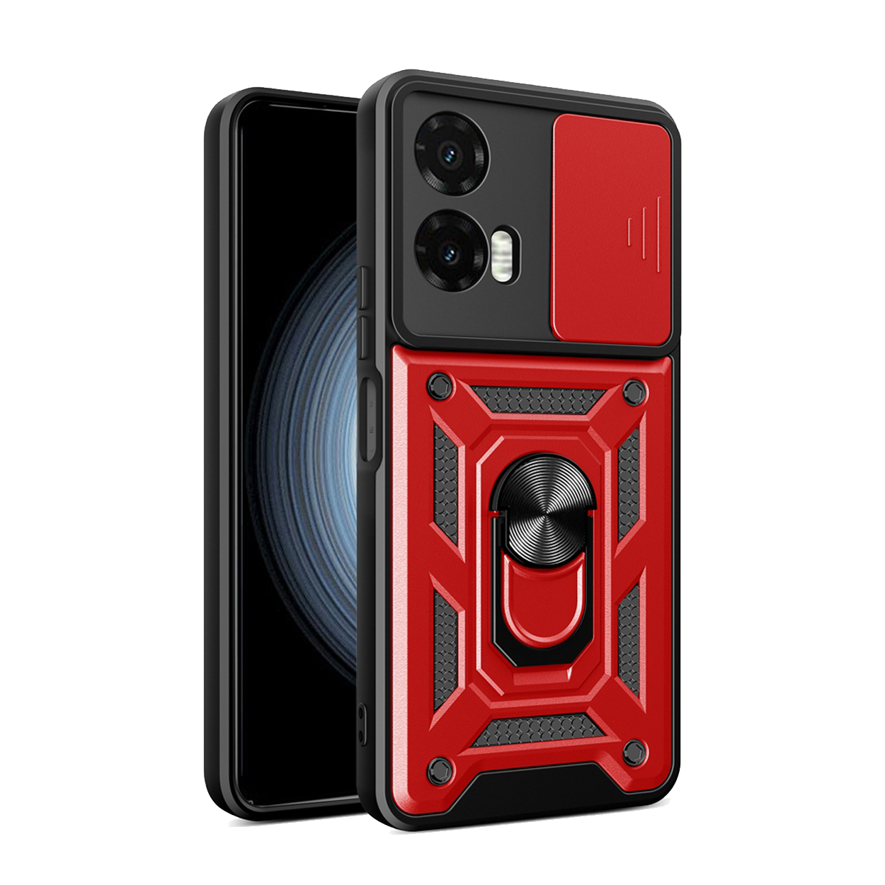 Rode en zwarte telefoonhoes met ringstandaard. De telefoonhoes ligt op de zijkant.