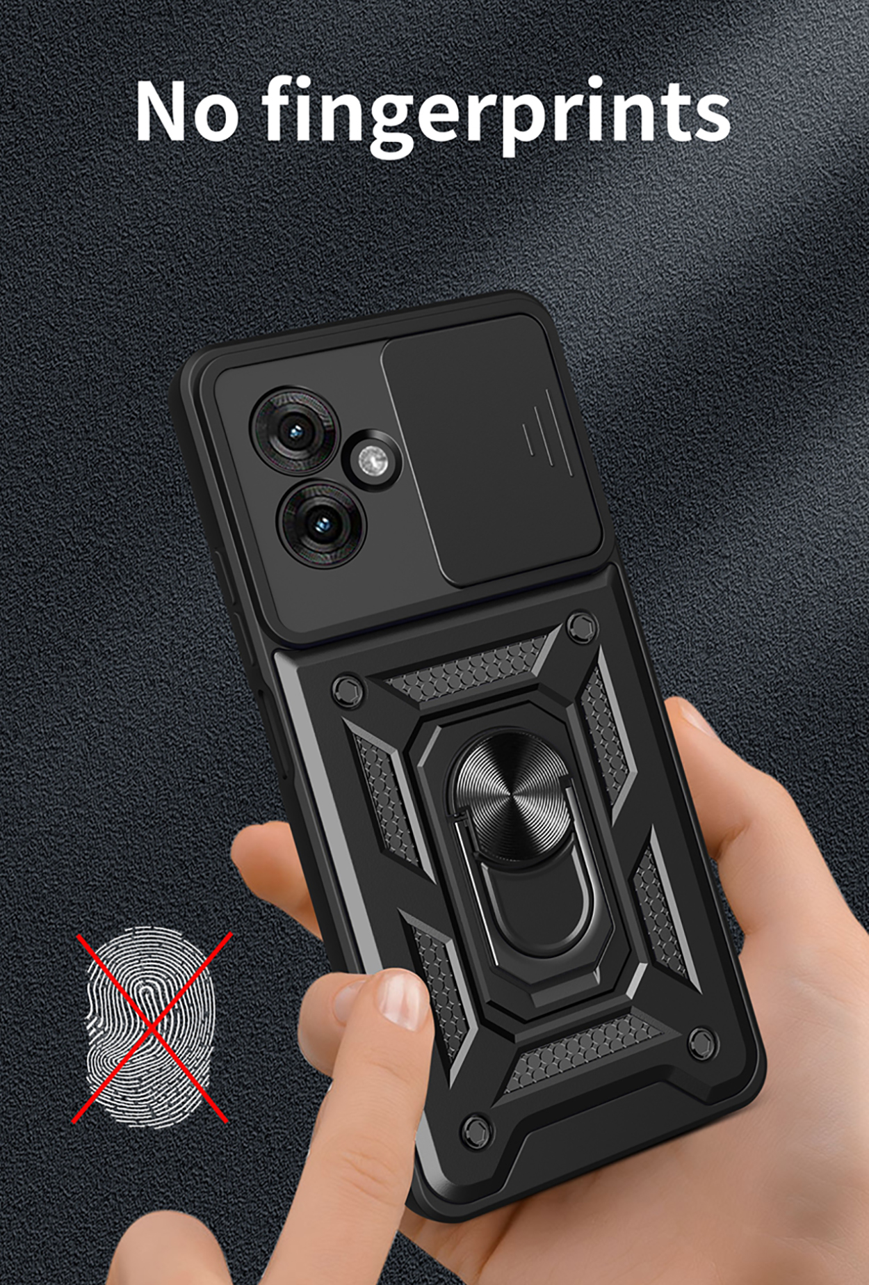 Zwarte telefoonhoes met cameralensafdekking, vinger raakt de hoes. Tekst: GEEN vingerafdrukken.